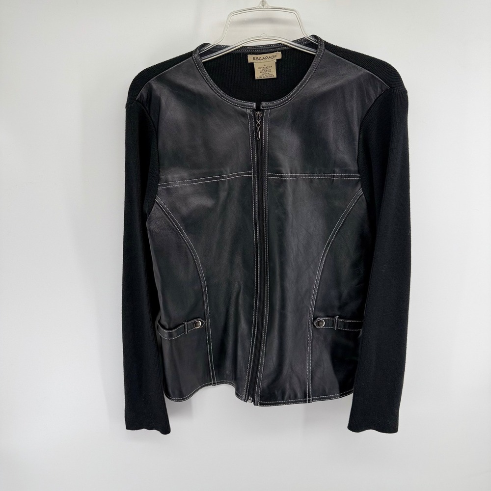 Vintage Escapade Womens Black Leather Knit Mixed Media Zip Front Jacket Size L